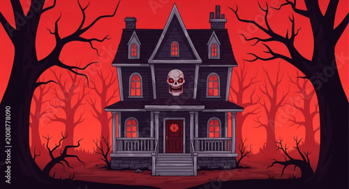 Photos Spooky Haunted House with Dark Trees and Red Sky.
