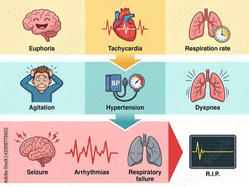 Medical infographic illustrates the physiological side effects of substance abuse including brain euphoria, heart tachycardia, and respiratory distress in a clinical format.