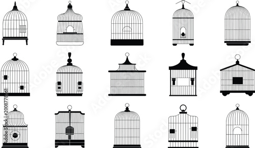Fotografía Collection of bird cage silhouettes set, vintage decorative cages and pet housin