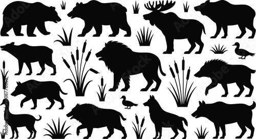 Canvas Print Collection of wild animal silhouettes set, forest wildlife creatures and nature