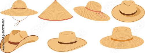Slika na platnu Collection of straw hat illustrations set, summer sun hats and farmer headwear s