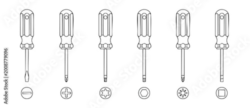Tableau sur toile Screwdriver Set Icons with Different Drive Types Isolated on White Background, T