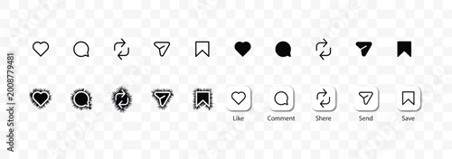 Quadro su tela Social Media Icon Set with Outline and Glow Style – Like, Share, Comment, Save,