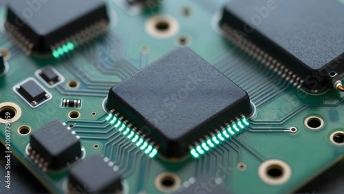 Close up of a modern computer microchip on a green circuit board with glowing cyan data tracks and electronic components