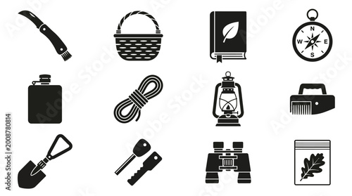  icon set of forest foraging tools, including mushroom knife, woven basket, plant guide book, compass, water flask, rope bundle, lantern, berry picker comb, folding shovel, fire starter, binoculars