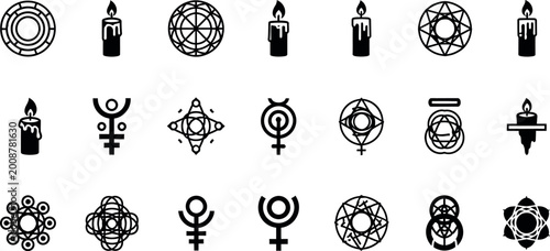 Illustration of Collection of various spiritual and astrological symbols on white background.