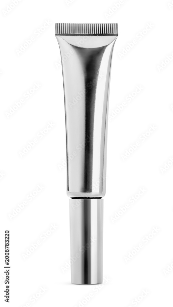 Fototapeta premium Silver metallic cosmetic tube mockup isolated on white background for premium beauty product packaging design