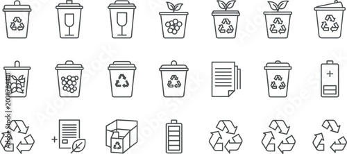 Illustration of Recycling icons set including trash cans and eco-friendly symbols.