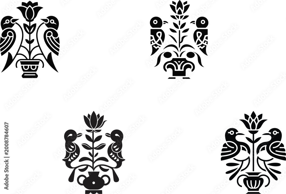 Fototapeta premium Folk art bird and floral ornament set, symmetrical black decorative motifs, traditional ethnic design elements vector illustration