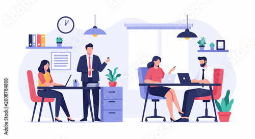 Colleagues collaborate at desks in a modern office space, with one standing to present