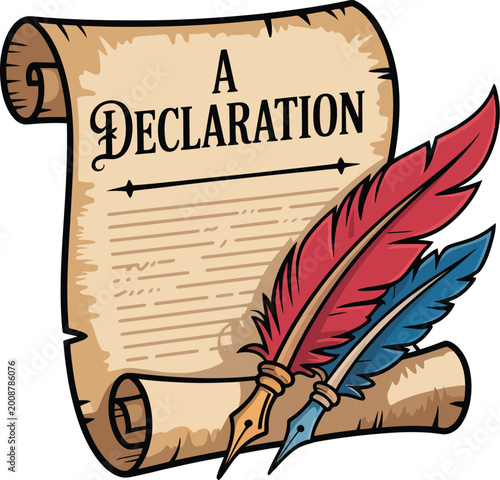 Antique Declaration Scroll with Quills During Historic Writing Session Vector Illustration