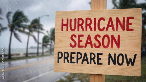 Hurricane season preparation warning sign outdoors near storm swept palm trees and heavy rain urging emergency readiness and disaster preparedness for coastal communities and residents