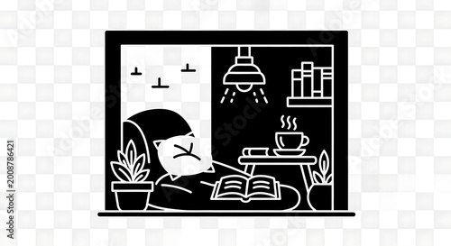 Cozy reading nook icon with armchair, lamp, books, and coffee cup