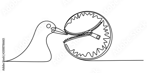 Tableau sur toile Continuous single line drawing of a bird pecking at a round zipper Vector, illus
