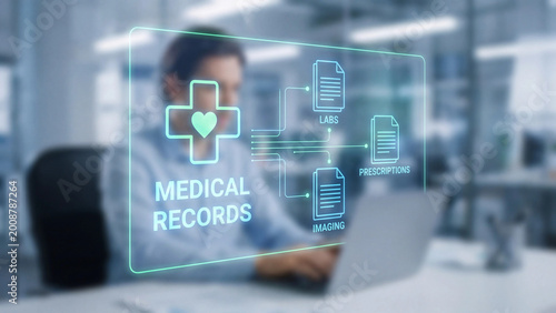 Digital medical records management holographic system organizing patient labs prescriptions and imaging data for secure healthcare information access and clinical documentation workflow efficiency