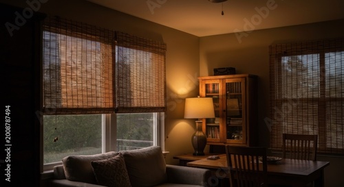 Softly lit living space with woven window shades, cozy furniture, and warm lighting