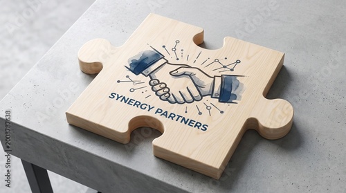Wooden puzzle piece with handshake graphic symbolizing business collaboration and partnership