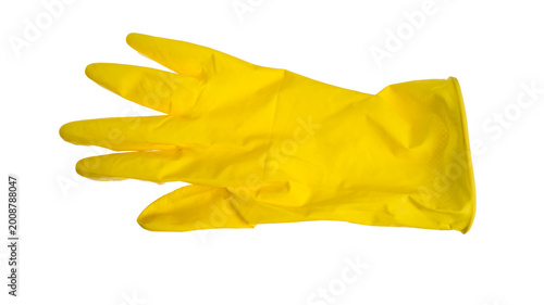 Photos Rubber cleaning gloves holding rag isolated on white background