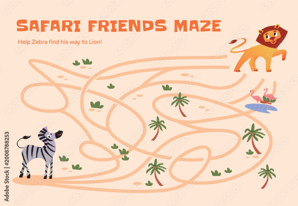 Fototapeta premium Safari Friends Maze with Zebra and Lion, children logic game, safari landscape, palm trees, flamingos, find right path, flat vector illustration