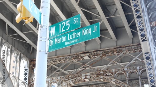 Riverside drive viaduct and 125 street sign, Harlem in Upper Manhattan, New York City, United States. 12 twelve avenue viaduct. Elevated flyover transport road. Steel arch bridge, overpass junction.