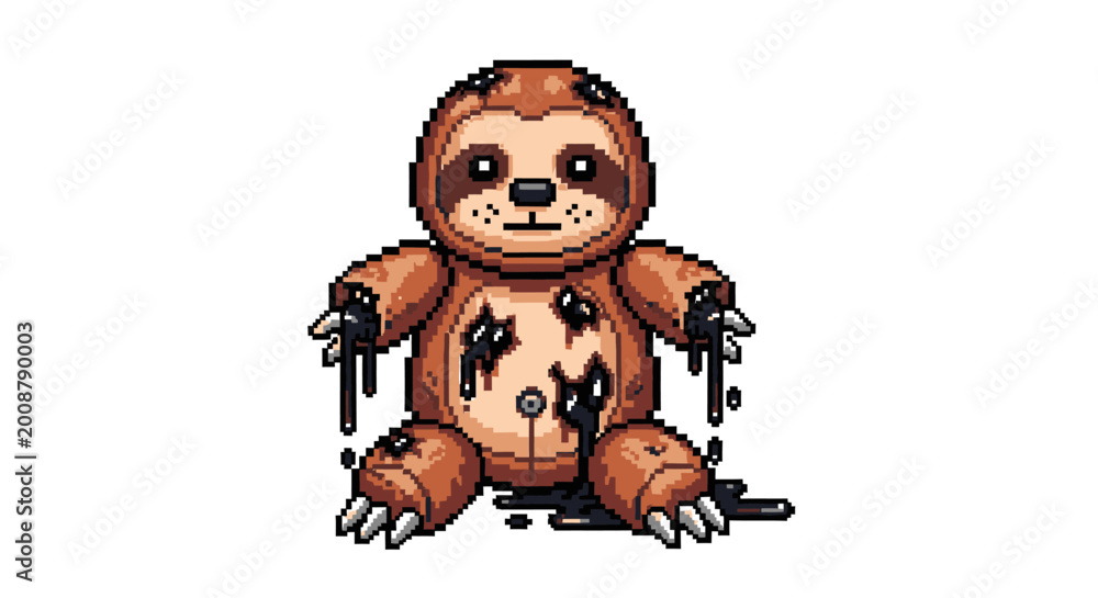 Fototapeta premium Pixel Art Sloth Toy Dripping Black Ink.
