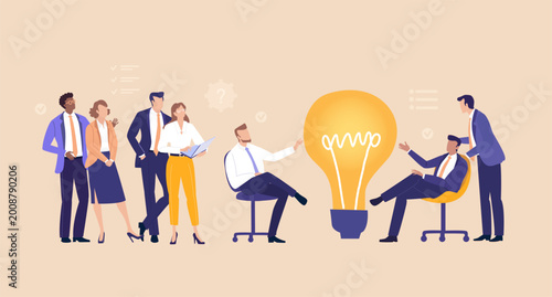Business People with Big Light Bulb,, symbolizing innovation, creative thinking, brainstorming, teamwork, and the development of new business ideas in a modern corporate environment.