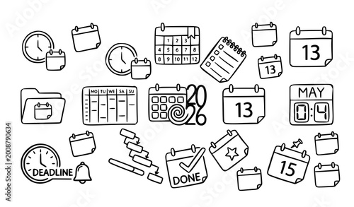 Hand drawn calendar icon set with date planner and schedule symbols in sketch style isolated on white background