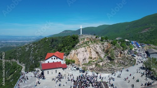 Drone perspective of the church courtyard and shrines where a million pilgrims gather annually