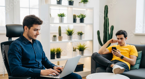 Two men in a modern room, one working on a laptop, the other on a phone, representing productivity and modern lifestyle, with plants as decor.