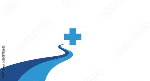 Blue medical cross icon with a curved path leading to health and wellness services