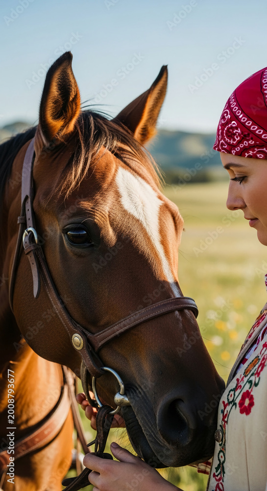 Obraz premium Close-up of chestnut horse and woman with red bandana, gentle touch, relationship concept, harmony, trust, nature, rural life