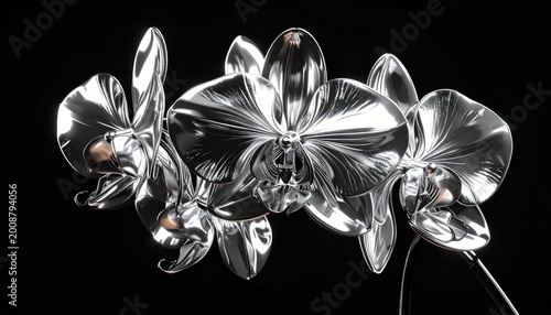 Exquisite Silver Orchid Blossoms on a Stark Black Background.