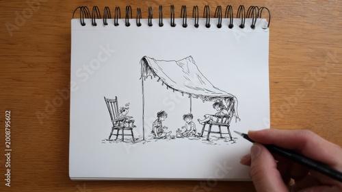 A hand holding a pen, sketching a charming scene of children playing under a makeshift tent on a notebook page. The drawing depicts a simple outdoor setting with chairs and a canopy.