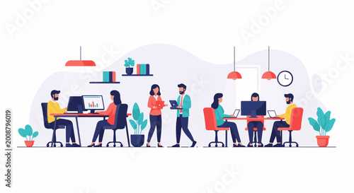 Diverse team collaborating and working on computers in a modern office space (1)