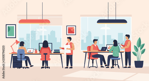 Diverse team collaborating and working on laptops in a bright, modern office setting