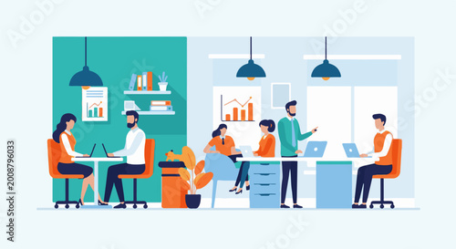 Diverse team collaborating and working on laptops in a modern, brightly lit office space