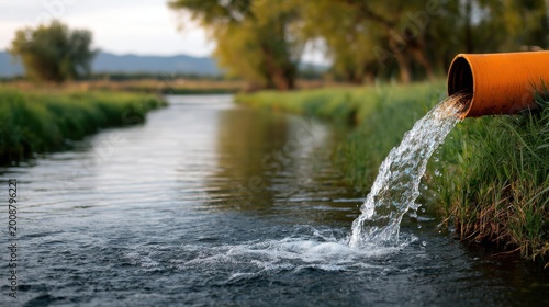 Water pollution from a pipe pouring into a river, with a scenic green landscape in the background. The water from the pipe is clearly contaminated and flowing into the natural water source