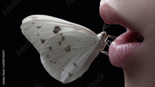 A delicate white butterfly rests gently on a person's lips, creating an artistic and surreal image. The butterfly's wings are adorned with subtle brown spots.
