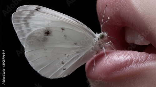 A white butterfly delicately rests on the lips of a person, showcasing a moment of gentle connection between nature and humanity.