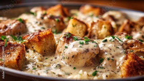 A delicious and creamy dish with chunks of bread and herbs, presented in a bowl