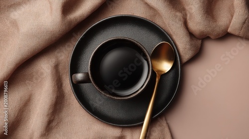 A simple and elegant black coffee cup and saucer with a golden spoon, set on a textured beige fabric