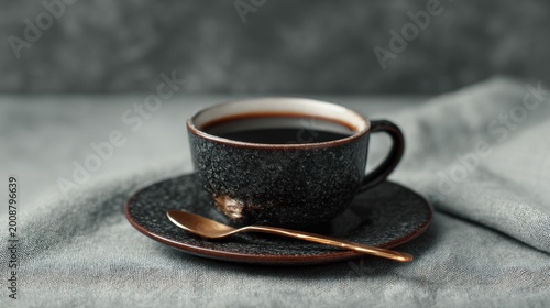 A rich, dark coffee sits in a textured ceramic cup on a saucer, accompanied by a golden spoon and a sugar cube. The scene is set against a soft, muted grey background.