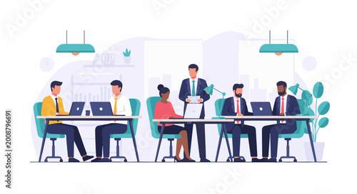 Diverse professionals collaborating at desks with laptops in a modern office environment
