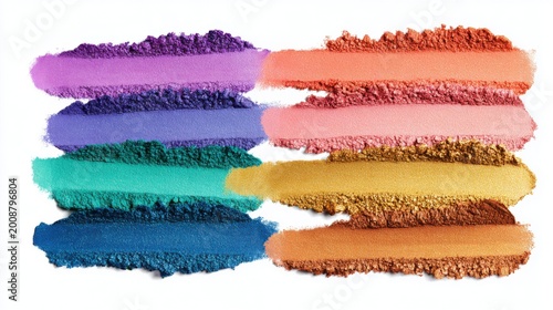 A collection of colorful makeup swatches arranged in rows, showcasing vibrant shades of purple, blue, teal, orange, pink, and yellow