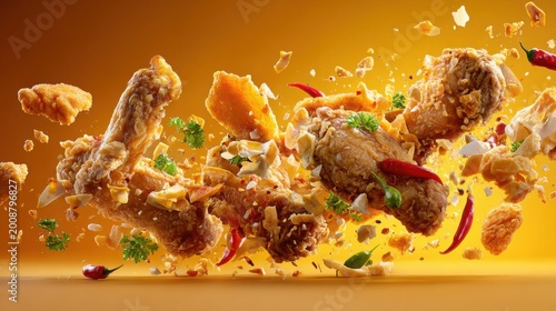 Delicious fried chicken wings with chili and herbs in a dynamic motion, creating an appetizing and energetic food scene