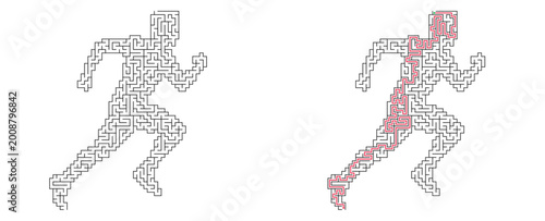 Running man shaped maze with solution. Black and white flat vector labyrinth, fun logic puzzle game for kids and adults.