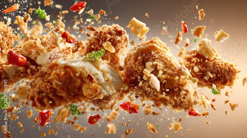 Delicious fried chicken pieces exploding with flavor and crispy coatings, garnished with fresh herbs and spices. A dynamic food photography concept.