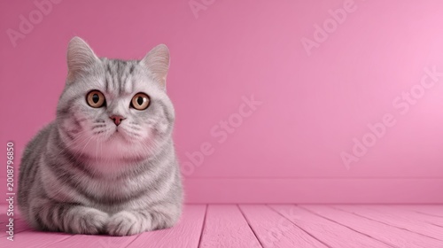 A cute grey tabby cat with bright eyes resting on a pink wooden floor against a pink background