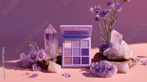 A beautiful palette of eyeshadow in various shades of purple, arranged with crystals and flowers, set against a soft purple background. The overall aesthetic is mystical and serene