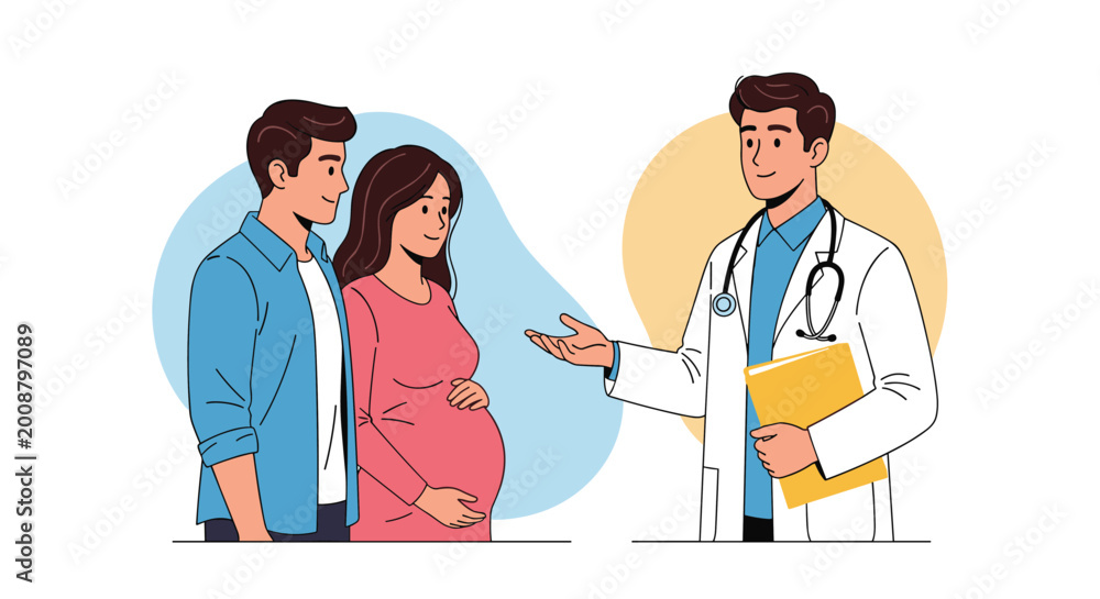 Fototapeta premium Pregnant woman and her husband consulting with a professional male doctor in a white coat during a medical checkup at a clinic.